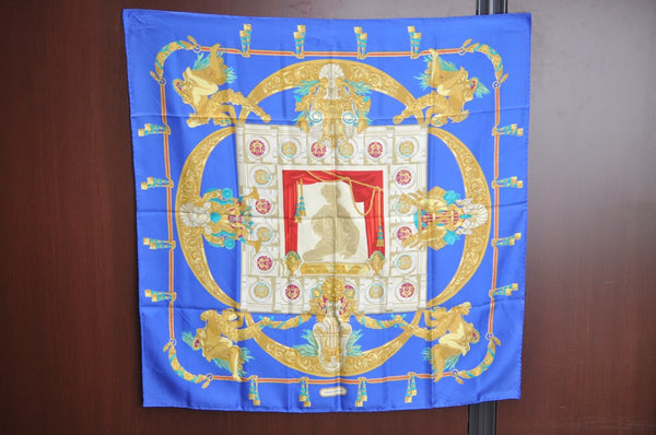 Authentic HERMES Carre 90 Scarf "HOMMAGE A CHARLES GARNIER" Silk Blue K5378