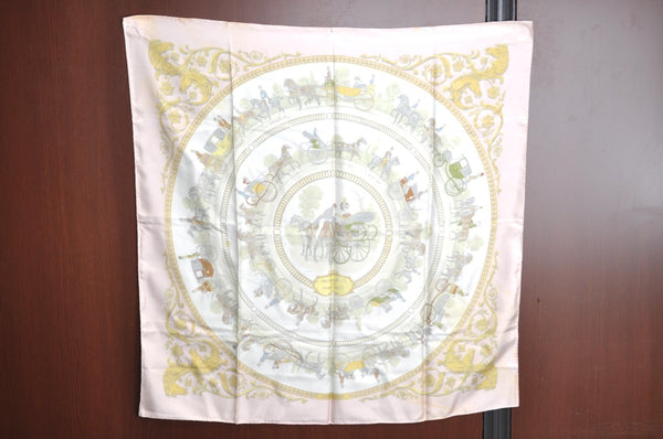 Authentic HERMES Carre 90 Scarf "LA PROMENADE DE LONGCHAMPS" Silk Pink K5379