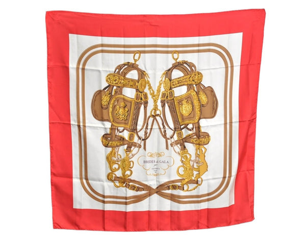 Authentic HERMES Carre 90 Scarf "BRIDES de GALA par" Silk Red K5380