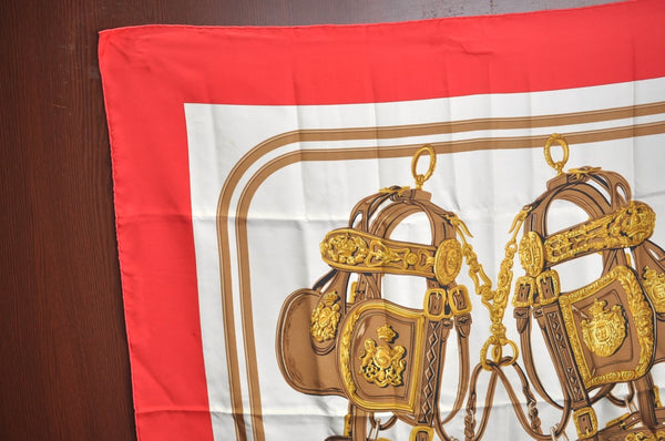 Authentic HERMES Carre 90 Scarf "BRIDES de GALA par" Silk Red K5380