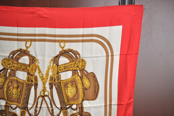 Authentic HERMES Carre 90 Scarf "BRIDES de GALA par" Silk Red K5380