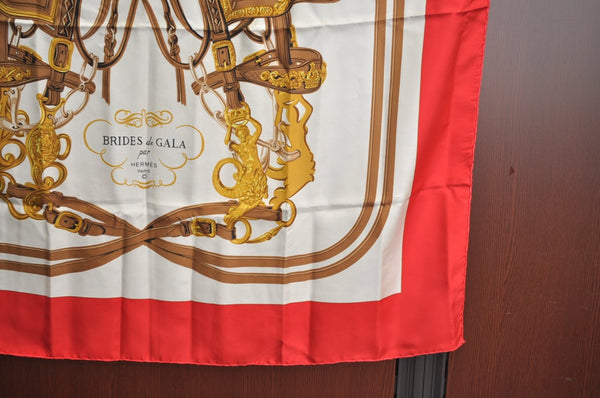 Authentic HERMES Carre 90 Scarf "BRIDES de GALA par" Silk Red K5380