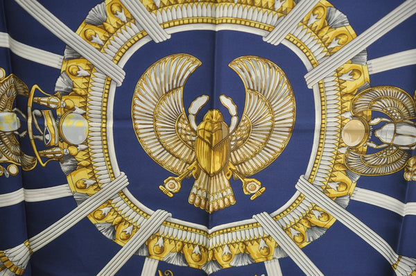 Authentic HERMES Carre 90 Scarf Egypt Motif Silk White Blue K5381