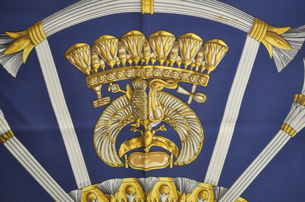 Authentic HERMES Carre 90 Scarf Egypt Motif Silk White Blue K5381