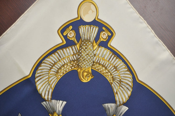 Authentic HERMES Carre 90 Scarf Egypt Motif Silk White Blue K5381