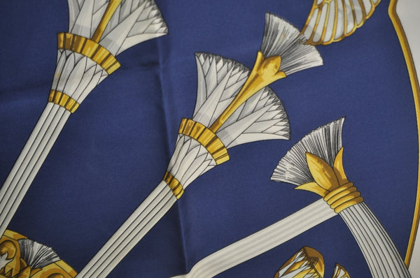 Authentic HERMES Carre 90 Scarf Egypt Motif Silk White Blue K5381