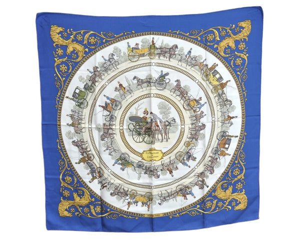 Authentic HERMES Carre 90 Scarf "LA PROMENADE DE LONGCHAMPS" Silk Blue K5425