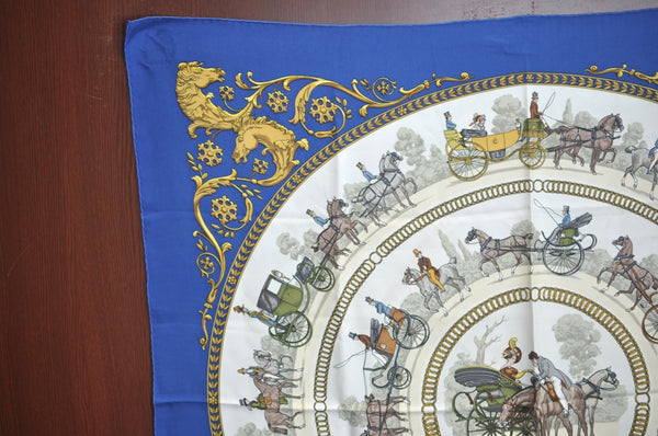 Authentic HERMES Carre 90 Scarf "LA PROMENADE DE LONGCHAMPS" Silk Blue K5425