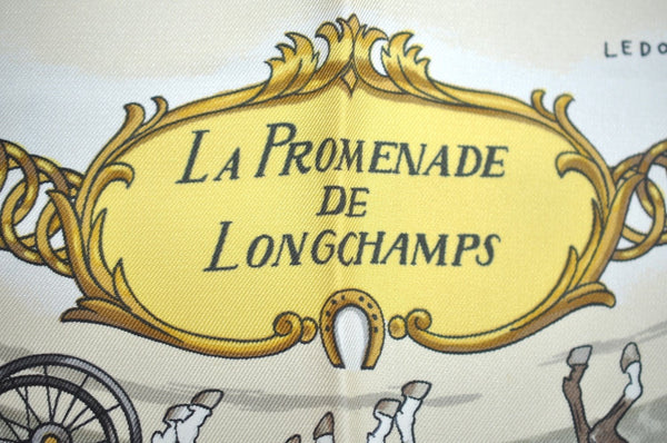 Authentic HERMES Carre 90 Scarf "LA PROMENADE DE LONGCHAMPS" Silk Blue K5425