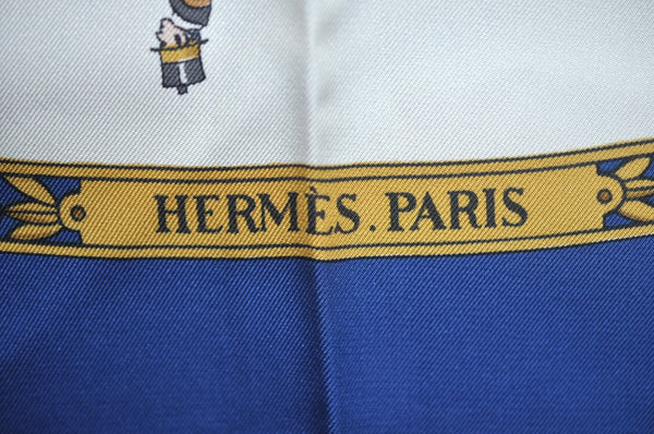 Authentic HERMES Carre 90 Scarf "LA PROMENADE DE LONGCHAMPS" Silk Blue K5425