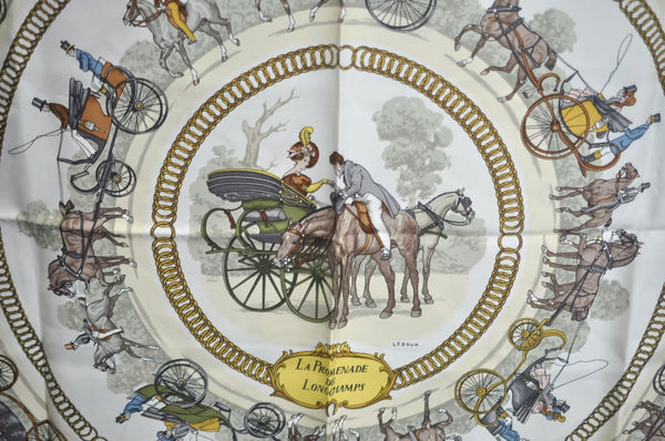 Authentic HERMES Carre 90 Scarf "LA PROMENADE DE LONGCHAMPS" Silk Blue K5425