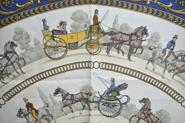 Authentic HERMES Carre 90 Scarf "LA PROMENADE DE LONGCHAMPS" Silk Blue K5425