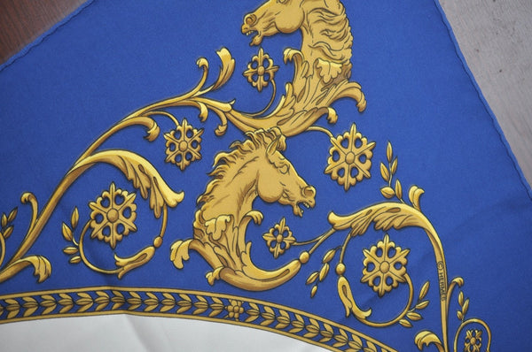 Authentic HERMES Carre 90 Scarf "LA PROMENADE DE LONGCHAMPS" Silk Blue K5425