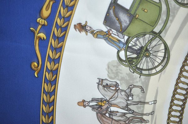 Authentic HERMES Carre 90 Scarf "LA PROMENADE DE LONGCHAMPS" Silk Blue K5425