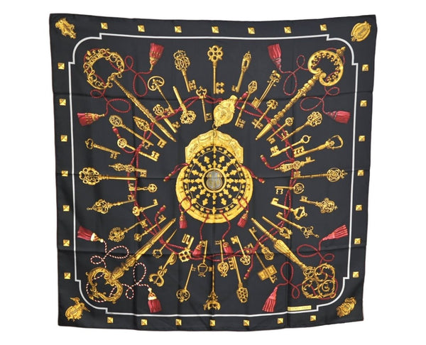 Authentic HERMES Carre 90 Scarf "LES CLES THE KEYS RARE" Silk Black K5449