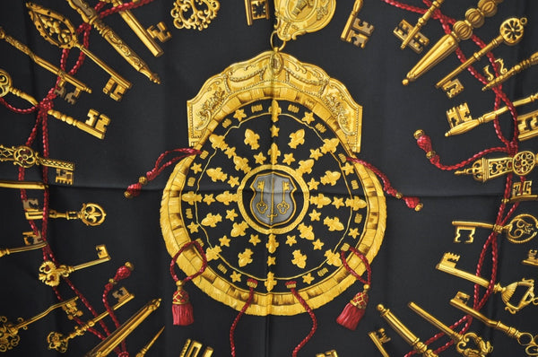Authentic HERMES Carre 90 Scarf "LES CLES THE KEYS RARE" Silk Black K5449