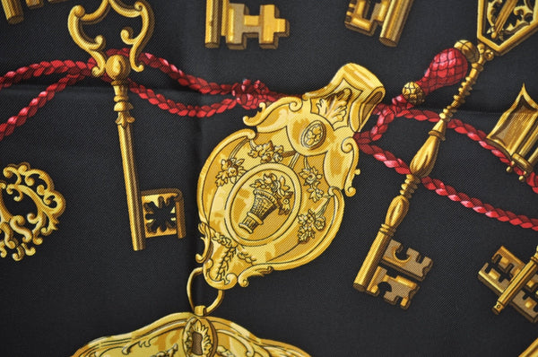 Authentic HERMES Carre 90 Scarf "LES CLES THE KEYS RARE" Silk Black K5449