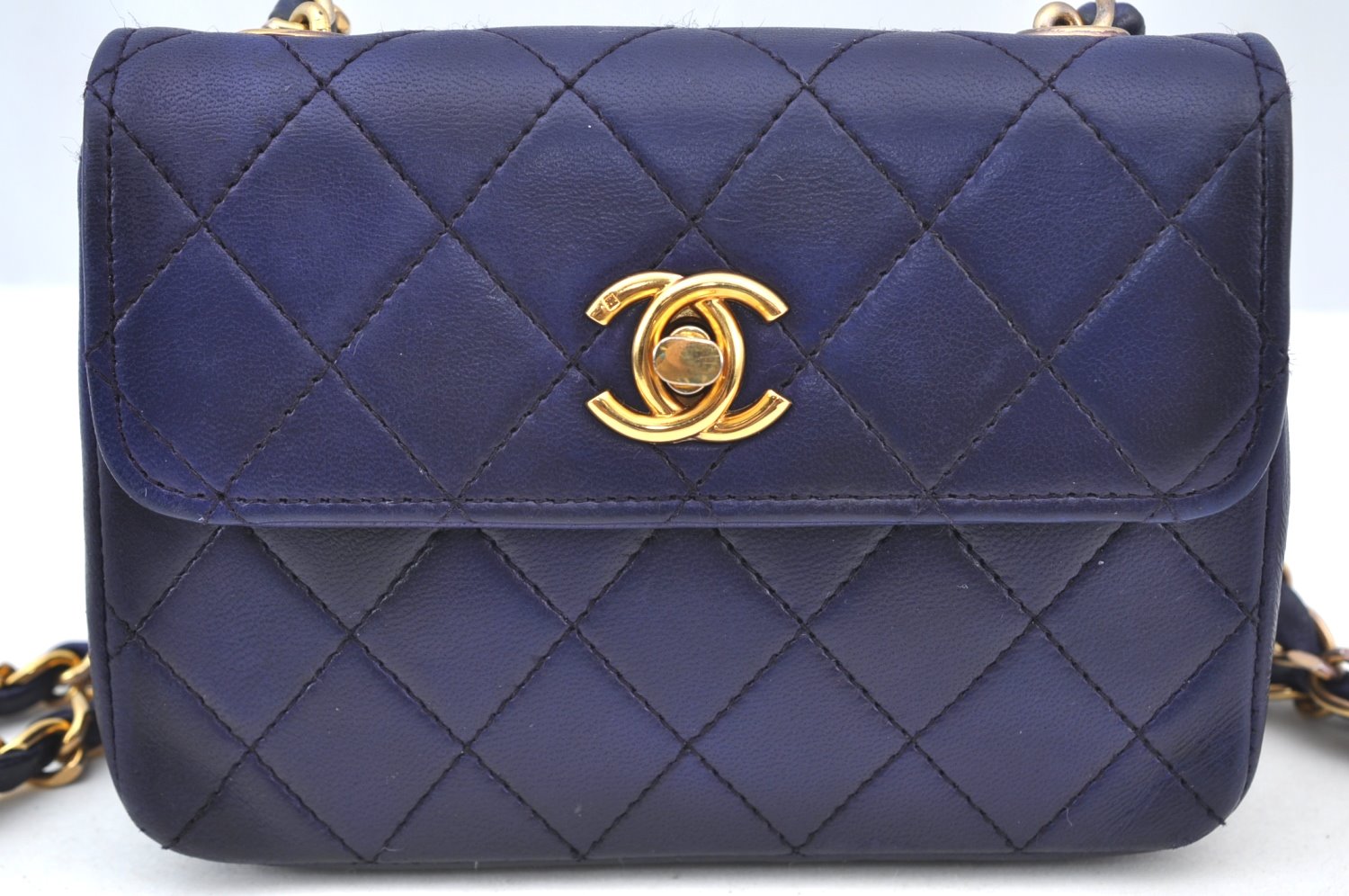 Authentic CHANEL Lamb Skin Mini Matelasse Chain Shoulder Bag Blue CC K5492