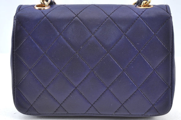 Authentic CHANEL Lamb Skin Mini Matelasse Chain Shoulder Bag Blue CC K5492