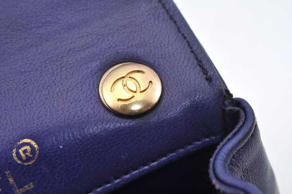 Authentic CHANEL Lamb Skin Mini Matelasse Chain Shoulder Bag Blue CC K5492