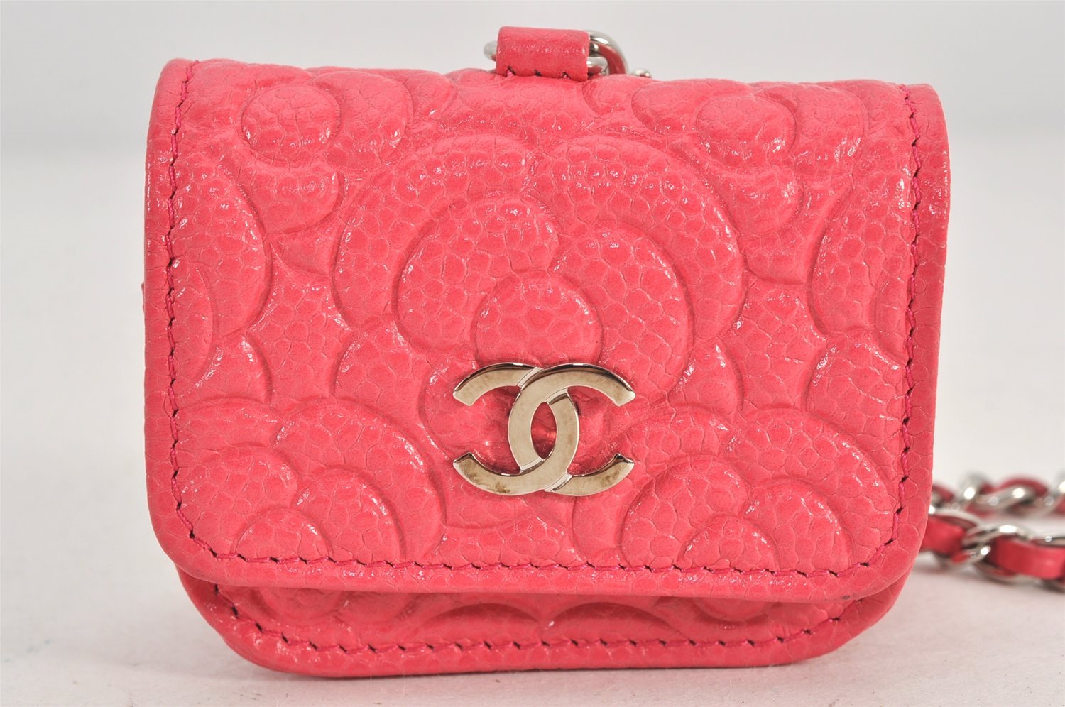 Authentic CHANEL Caviar Skin Camellia CC Logo Air Pods Case Purse Pink Box K5494