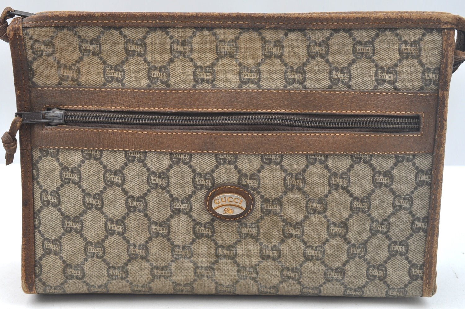 Authentic GUCCI Clutch Hand Bag Purse GG Plus PVC Leather Brown Junk K5510