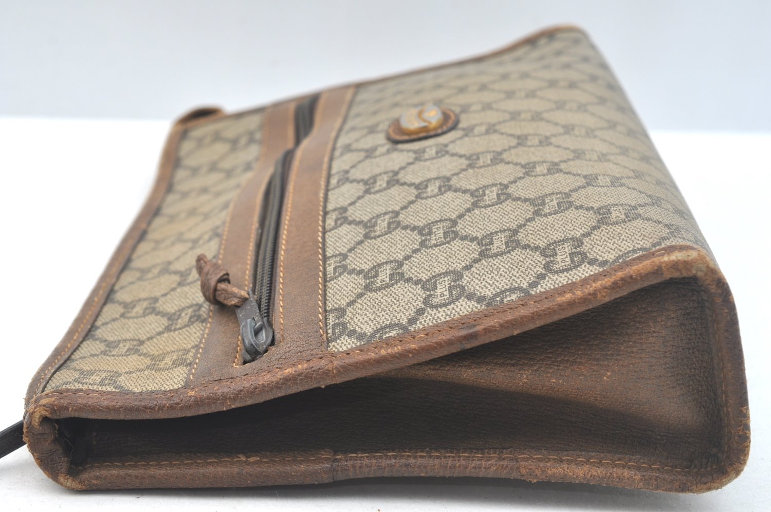 Authentic GUCCI Clutch Hand Bag Purse GG Plus PVC Leather Brown Junk K5510