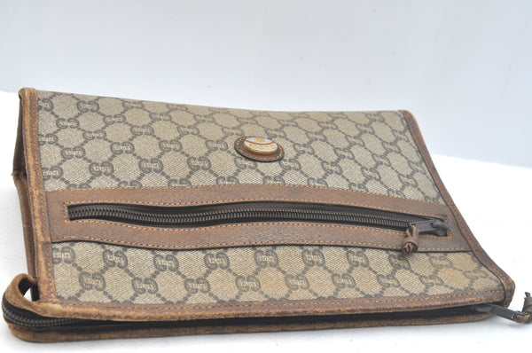 Authentic GUCCI Clutch Hand Bag Purse GG Plus PVC Leather Brown Junk K5510