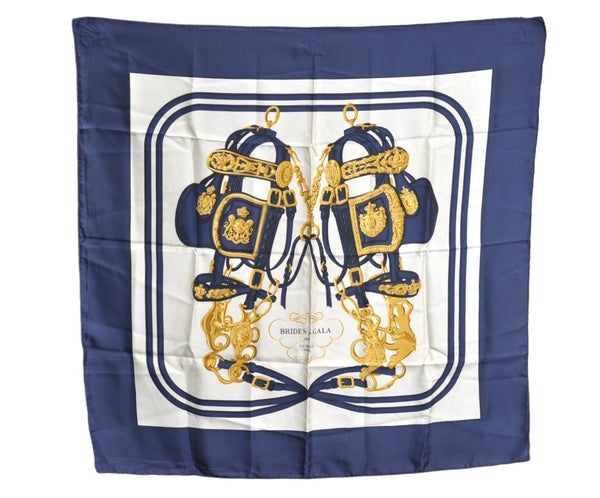 Authentic HERMES Carre 90 Scarf "BRIDES DE GALA" Silk Navy Blue K5552