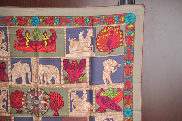 Authentic HERMES Carre 90 Scarf "TORANA" Silk Purple Beige K5557