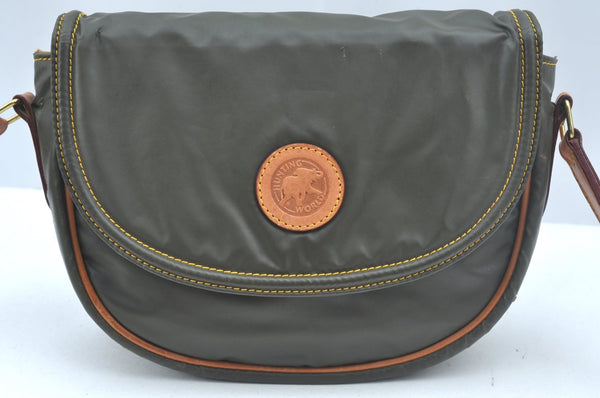Authentic HUNTING WORLD Logo Shoulder Cross Body Bag PVC Leather Khaki K5561