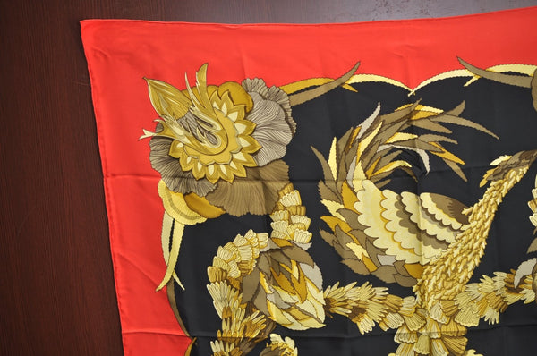 Authentic HERMES Carre 90 Scarf "TAHITI" Silk Red Gold Black K5596