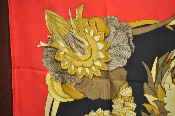 Authentic HERMES Carre 90 Scarf "TAHITI" Silk Red Gold Black K5596