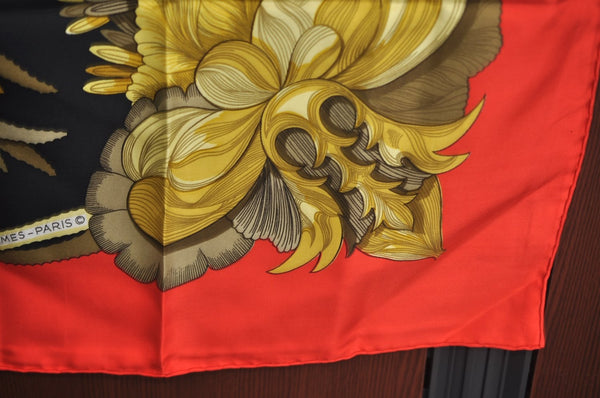Authentic HERMES Carre 90 Scarf "TAHITI" Silk Red Gold Black K5596