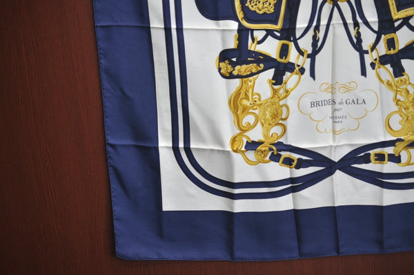 Authentic HERMES Carre 90 Scarf "BRIDES de GALA par" Silk Navy Blue K5606