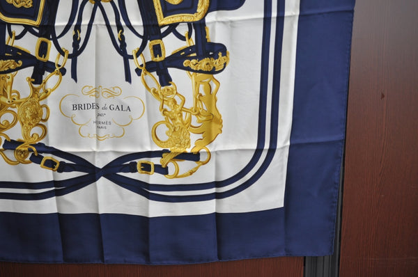 Authentic HERMES Carre 90 Scarf "BRIDES de GALA par" Silk Navy Blue K5606