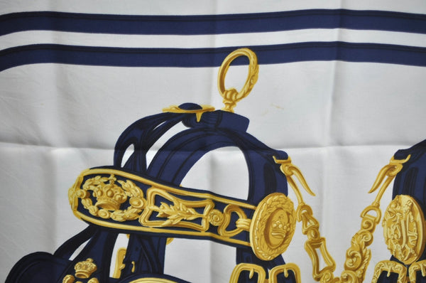 Authentic HERMES Carre 90 Scarf "BRIDES de GALA par" Silk Navy Blue K5606