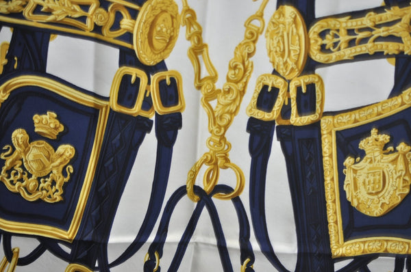 Authentic HERMES Carre 90 Scarf "BRIDES de GALA par" Silk Navy Blue K5606