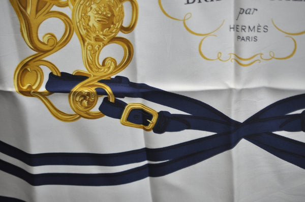 Authentic HERMES Carre 90 Scarf "BRIDES de GALA par" Silk Navy Blue K5606