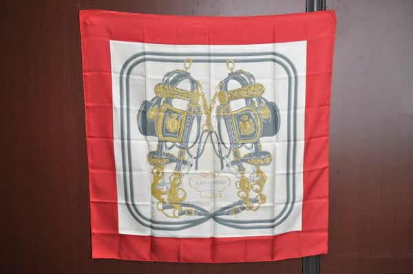 Authentic HERMES Carre 90 Scarf "BRIDES de GALA par" Silk Red K5608
