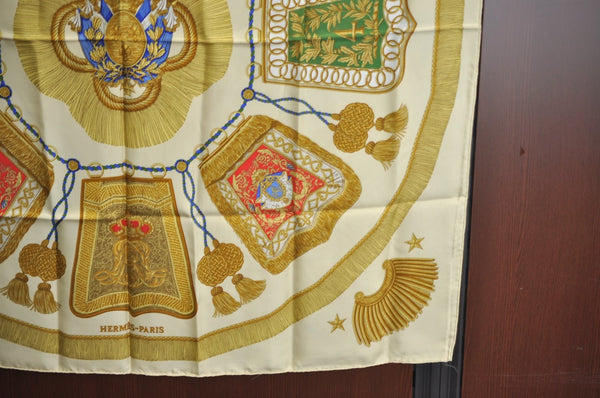 Authentic HERMES Carre 90 Scarf "Poste et Cavalerie" Silk Light Yellow K5610
