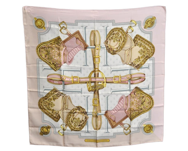 Authentic HERMES Carre 90 Scarf "SELLES A HOUSSE" Silk Pink K5613