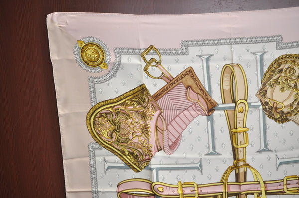 Authentic HERMES Carre 90 Scarf "SELLES A HOUSSE" Silk Pink K5613