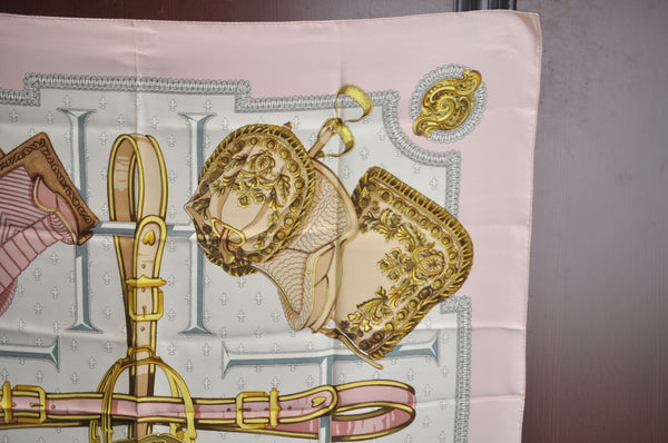 Authentic HERMES Carre 90 Scarf "SELLES A HOUSSE" Silk Pink K5613
