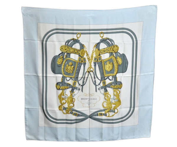 Authentic HERMES Carre 90 Scarf "BRIDES de GALA par" Silk Light Blue K5617