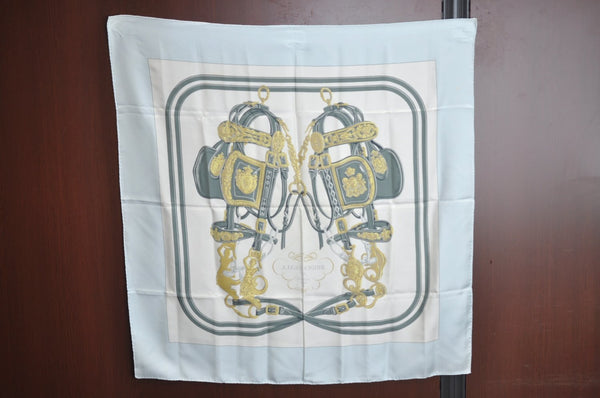 Authentic HERMES Carre 90 Scarf "BRIDES de GALA par" Silk Light Blue K5617