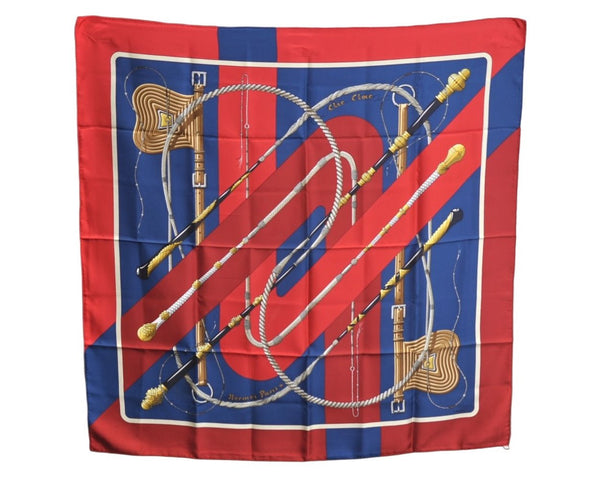 Authentic HERMES Carre 90 Scarf "Clic Clac" Silk Red Blue K5619