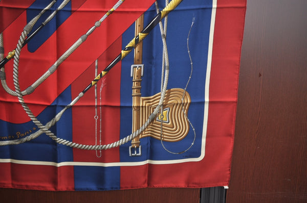 Authentic HERMES Carre 90 Scarf "Clic Clac" Silk Red Blue K5619
