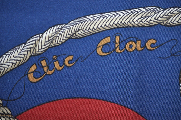 Authentic HERMES Carre 90 Scarf "Clic Clac" Silk Red Blue K5619