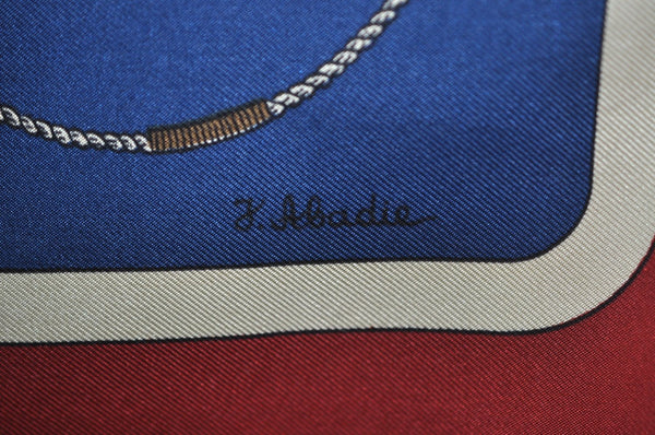 Authentic HERMES Carre 90 Scarf "Clic Clac" Silk Red Blue K5619